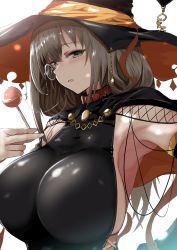 Rule 34 | 1girl, armpits, breasts, brown eyes, candy, collar, food, girls&#039; frontline, grey hair, halloween, halloween costume, hat, helianthus (girls&#039; frontline), highres, holding, holding candy, holding food, holding lollipop, large breasts, lollipop, long hair, looking at viewer, monocle, red collar, saliva, saliva trail, sideboob, solo, take (trude1945oneetyan), witch hat