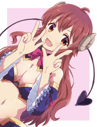 Rule 34 | 1girl, :d, blue sleeves, breasts, brown eyes, cleavage, commentary, curled horns, demon horns, demon tail, detached sleeves, double w, fang, highres, horns, large breasts, long hair, looking at viewer, machikado mazoku, mukaibi aoi, navel, open mouth, pink background, red hair, simple background, skin fang, smile, solo, tail, two-tone background, w, white background, yoshida yuuko (machikado mazoku)