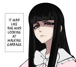 Rule 34 | 1girl, absurdres, black hair, blunt bangs, bow, bowtie, brown eyes, derivative work, english text, glaring, highres, hime cut, houraisan kaguya, long hair, looking at viewer, meme, nicecream, portrait, pov, shaded face, simple background, solo, touhou, white background, white bow, white bowtie