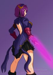 Rule 34 | 1girl, absurdres, asamiya athena, bodysuit, boots, capcom, corruption, crossover, dress, energy sword, gauntlets, hairband, highres, leather, leather boots, mind control, nail polish, necktie, purple background, purple eyes, purple hair, self-upload, shadaloo, shadaloo dolls, simple background, skirt, snk, street fighter, sword, the king of fighters, weapon