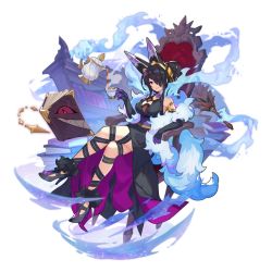 Rule 34 | 1girl, bare shoulders, black hair, book, breasts, cassandra (dragalia lost), chair, cleavage, cleavage cutout, closed mouth, clothing cutout, dragalia lost, dress, duster, elbow gloves, feather boa, feather duster, full body, gloves, hair ornament, hair over one eye, headwear request, high heels, hitodama, holding, jewelry, large breasts, leg ribbon, crossed legs, long hair, looking at viewer, non-web source, official art, pouring, red eyes, ribbon, saitou naoki, scarf, see-through, sitting, smile, solo, tea, transparent background
