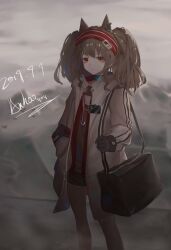 Rule 34 | 1girl, absurdres, angelina (arknights), anhao1224, animal ears, arknights, bag, black shorts, brown hair, coat, dark, dated, dot nose, drawstring, earpiece, expressionless, fox ears, fox girl, hairband, hand in pocket, highres, infection monitor (arknights), long hair, open clothes, open coat, red eyes, red hairband, short shorts, shorts, sidelocks, signature, solo, standing, striped clothes, striped hairband, twintails, white coat