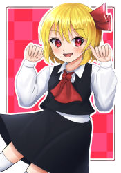Rule 34 | 1girl, :d, ascot, black skirt, black vest, blonde hair, hair ribbon, highres, houri sh, looking at viewer, open mouth, outline, paw pose, red eyes, ribbon, rumia, short hair, skirt, smile, solo, touhou, vest, white outline