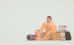 Rule 34 | 1boy, abs, bara, beard stubble, book, book stack, dahei (youtian), facial hair, feet, full body, glasses, ji peng gou you, large pectorals, looking ahead, male focus, mature male, muscular, muscular male, navel, navel hair, nipples, pectorals, short hair, sideburns, sitting, soles, solo, stomach, stubble, thick eyebrows, thick mustache, topless male, towel, towel around neck, white background, youtian (youtiange)