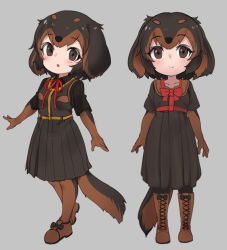 Rule 34 | 1girl, animal ears, black bow, black gloves, black hair, boots, bow, brown eyes, brown footwear, brown gloves, brown hair, brown skirt, chibi, cross-laced footwear, dachshund (kemono friends) (nyifu), dog ears, dog tail, elbow gloves, full body, gloves, grey background, kemono friends, kneehighs, lace-up boots, looking at viewer, multicolored clothes, multicolored gloves, multicolored hair, multiple views, nyifu, original, pantyhose, short hair, simple background, skirt, socks, standing, tail
