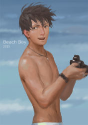 Rule 34 | 1boy, blurry, bracelet, brown eyes, brown hair, camera, depth of field, english text, jewelry, male focus, navel, necklace, open mouth, original, outdoors, penguin frontier, topless male, short hair, solo, upper body, water