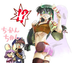 Rule 34 | 1boy, 2girls, ass, ass grab, blue eyes, breasts, creature, earrings, feena (grandia), ghost, goggles, grandia, grandia i, green eyes, green hair, hair ornament, hair tubes, hat, imui, indian style, jewelry, justin (grandia), layered sleeves, long hair, low-tied long hair, midriff, multiple girls, necklace, open mouth, purple hair, puui (grandia), red hair, shoes, shorts, sitting, striped clothes, striped legwear, striped thighhighs, sue (grandia), text focus, thighhighs, translation request, wide sleeves