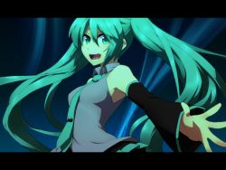 Rule 34 | 1girl, breasts, detached sleeves, female focus, gradient background, green eyes, green hair, hatsune miku, highres, letterboxed, long hair, matching hair/eyes, matsuda mattsun, matsuda toki, necktie, open mouth, solo, twintails, very long hair, vocaloid