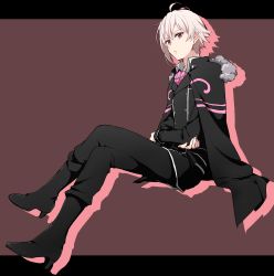 Rule 34 | 1boy, absurdres, akn92, black footwear, boots, cape, ascot, double-breasted, full body, fur collar, high heel boots, high heels, highres, idolish7, kujou tenn, crossed legs, letterboxed, looking at viewer, male focus, pink eyes, pink hair, silhouette, simple background, solo
