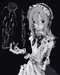 Rule 34 | 1girl, @ @, bow, bowtie, cigarette, hair between eyes, holding, holding cigarette, long hair, looking at viewer, maid, maid headdress, open mouth, original, red eyes, red hod, sharp teeth, sketch, skinny, smoking, solo, spot color, teeth, wrist cuffs