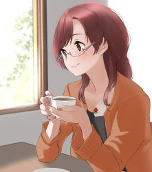 Rule 34 | 1girl, black tank top, brown eyes, brown hair, brown sweater, closed mouth, coffee, coffee cup, commission, cup, disposable cup, flower, flower necklace, glasses, hair between eyes, highres, jewelry, long hair, long sleeves, looking to the side, nail polish, necklace, original, pink nails, pixiv commission, simple background, sitting, smile, solo, sweater, table, tank top, window