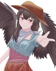 Rule 34 | 1girl, arm up, bad id, bad pixiv id, bandana, bare shoulders, blue dress, blue sleeves, blush, breasts, brown hair, brown hat, commentary request, cowboy hat, dress, florentia menma, hair between eyes, hand up, hat, highres, holding, kurokoma saki, long hair, looking away, multicolored clothes, multicolored dress, off shoulder, pink dress, pointing, red dress, red eyes, scarf, short sleeves, simple background, small breasts, solo, touhou, white background, white bandana, white neckwear, white scarf, wings