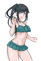 Rule 34 | 1girl, absurdres, alternate breast size, asashio (kancolle), bikini, bikini skirt, black hair, blue eyes, breasts, cleavage, collarbone, commentary request, contrapposto, cosplay, cowboy shot, dated, green bikini, highres, kantai collection, kasumi (kancolle) (cosplay), kasumi (kancolle), long hair, looking at viewer, navel, side ponytail, simple background, small breasts, solo, sozan, swimsuit, twitter username, white background