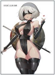 Rule 34 | 1girl, 2b (nier:automata), aelion draws, artist name, bare shoulders, black thighhighs, blindfold, blurry, border, breasts, cleavage, closed mouth, commentary, covered erect nipples, covered eyes, covering own eyes, cowboy shot, curvy, elbow gloves, english commentary, expressionless, fingerless gloves, fishnet sleeves, fishnet thighhighs, fishnets, gloves, grey hair, hair between eyes, heart, heattech leotard, highleg, highres, holding, holding sword, holding weapon, katana, kunoichi, large breasts, nier:automata, nier (series), ninja, parted lips, patreon username, revealing clothes, shadow, shiny skin, short hair, snapping fingers, solo, standing, sword, thick thighs, thighhighs, thighs, turtleneck, weapon, weapon on back, white border, wide hips