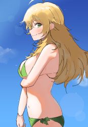 Rule 34 | 1girl, absurdres, ahoge, bikini, blonde hair, blue sky, blurry, blush, bokeh, breasts, cowboy shot, depth of field, green bikini, green eyes, highres, holding own arm, hoshii miki, idolmaster, idolmaster (classic), idolmaster million live!, large breasts, light smile, long hair, looking at viewer, looking to the side, midriff, navel, pdal (pdalhhh), profile, side-tie bikini bottom, sky, solo, swimsuit