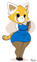 Rule 34 | 10s, 1girl, aggressive retsuko, animal ears, breasts, formal, furry, furry female, highres, medium breasts, mehdrawings, no humans, pantyhose, red panda, retsuko, shortstack, skirt, skirt suit, smile, solo, standing, suit, tail, thick thighs, thighs, wide hips