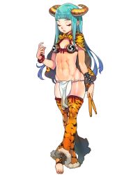 Rule 34 | 1girl, abs, animal print, bikini, bikini top only, breasts, drumsticks, closed eyes, eyeshadow, f.s., green hair, horns, lipstick, loincloth, long hair, makeup, revealing clothes, small breasts, swimsuit, tiger print