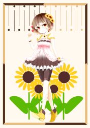 Rule 34 | 1girl, absurdres, bad id, bad pixiv id, bare shoulders, bike shorts, boots, brown hair, dress, flower, hair flower, hair ornament, highres, jewelry, looking at viewer, necklace, original, red eyes, sleeveless, sleeveless dress, sunflower, umxzo, wristband
