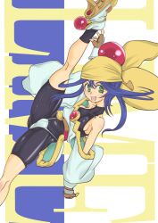 Rule 34 | 1girl, ass, bandana, blue hair, blush, breasts, cameltoe, fang, fingerless gloves, flexible, gloves, green eyes, highres, large breasts, lime (saber j), long hair, looking at viewer, looking to the side, open mouth, saber marionette j, shiny clothes, smile, solo, spandex, sugishin46, thong, very long hair, wide hips