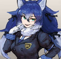 Rule 34 | 1girl, adeshi (adeshi0693119), animal costume, animal ear fluff, animal ears, blazer, blue hair, dire wolf (kemono friends), gloves, green eyes, highres, jacket, kemono friends, long hair, looking at viewer, necktie, open mouth, ribbon, scarf, simple background, smile, solo, teeth, twintails, wolf costume, wolf ears, wolf girl