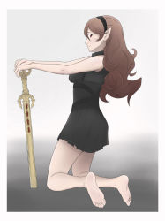 Rule 34 | 1girl, bare shoulders, barefoot, black dress, brown hair, corrin (female) (fire emblem), corrin (fire emblem), dress, feet, fire emblem, fire emblem fates, highres, legs, long hair, looking at viewer, looking to the side, nintendo, pointy ears, red eyes, short dress, sleeveless, sleeveless dress, soles, solo, sword, toes, weapon, yato (fire emblem)