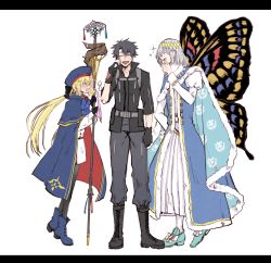 Rule 34 | 1girl, 2boys, artoria caster (fate), artoria caster (second ascension) (fate), artoria pendragon (fate), bandaid, bandaid on face, black gloves, black hair, blonde hair, boots, bow, butterfly wings, cape, command spell, fate/grand order, fate (series), fujimaru ritsuka (male), fujimaru ritsuka (male) (polar chaldea uniform), gloves, hand on own chin, hat, highres, insect wings, laughing, multiple boys, nesui sui, oberon (fate), pantyhose, polar chaldea uniform, silver hair, staff, stroking own chin, white background, wings