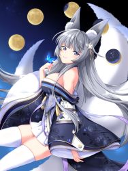 Rule 34 | 1girl, animal ears, azur lane, blunt bangs, bug, butterfly, commentary request, constellation, ebino mayo, fox ears, fox girl, fox tail, full moon, grey eyes, hair ornament, head tilt, insect, japanese clothes, kitsune, kyuubi, long hair, looking at viewer, moon, multiple tails, night, night sky, off shoulder, pleated skirt, shinano (azur lane), sidelocks, silver hair, skirt, sky, smile, solo, star (sky), starry sky, tail, thighhighs, white skirt, white thighhighs, wide sleeves, zettai ryouiki