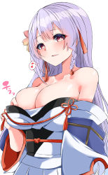 Rule 34 | 1girl, absurdres, assault lily, bare shoulders, braid, breasts, collarbone, from below, funada ui, highres, japanese clothes, kimono, large breasts, long hair, looking at viewer, musical note, obi, off shoulder, orange eyes, parted lips, purple hair, sash, side braid, sidelocks, simple background, single braid, spoken musical note, upper body, white background, white hair, white kimono, ya-man
