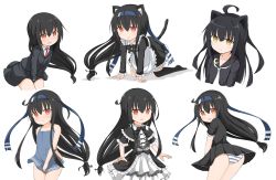 Rule 34 | 10s, 2girls, :t, absurdres, ahoge, all fours, alternate costume, animal ears, apron, ass, bare arms, bare shoulders, black hair, black legwear, black serafuku, black skirt, blazer, blue apron, blush, cat ears, cat tail, crescent, crescent pin, dress, enmaided, frilled apron, frilled dress, frilled sleeves, frills, gothic lolita, hair ornament, hairband, hatsushimo (kancolle), highres, jacket, kantai collection, kemonomimi mode, leaning forward, lolita fashion, long hair, long sleeves, looking at viewer, looking back, low-tied long hair, maid, mikazuki (kancolle), multiple girls, multiple views, naked apron, necktie, open mouth, panties, pleated skirt, puffy long sleeves, puffy sleeves, red eyes, red necktie, remodel (kantai collection), school uniform, serafuku, simple background, single thighhigh, skirt, striped clothes, striped panties, tail, thighhighs, underwear, v arms, waist apron, white background, yamato tachibana, yellow eyes
