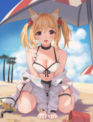 Rule 34 | 1girl, ahoge, animal ear fluff, animal ears, arknights, arm support, artist name, bare shoulders, beach umbrella, bikini, black choker, blonde hair, blue sky, blush, breasts, bucket, choker, cleavage, cloud, collarbone, dated, day, flower, fox ears, front-tie bikini top, front-tie top, grey jacket, hair between eyes, hair flower, hair ornament, highres, jacket, long sleeves, looking at viewer, medium breasts, naimiaomiaomiaomiao, official alternate costume, open mouth, outdoors, red eyes, red flower, red rose, rose, seiza, shadow, short hair, signature, sitting, sky, solo, sora (arknights), sora (summer flowers) (arknights), swimsuit, thigh strap, tree, twintails, umbrella, white bikini, wolf ears, yellow flower