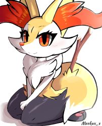 Rule 34 | 1girl, animal ear fluff, animal ears, animal feet, animal hands, animal nose, artist name, between legs, black fur, blush, body fur, braixen, closed mouth, creatures (company), female focus, fox ears, fox girl, fox tail, full body, furry, furry female, game freak, gen 6 pokemon, hand between legs, happy, highres, kneeling, light blush, looking at viewer, meeka, multicolored fur, neck fur, nintendo, own hands together, pawpads, pokemon, pokemon (creature), red eyes, seiza, simple background, sitting, smile, snout, solo, split mouth, stick, tail, thick thighs, thighs, v arms, watermark, white background, white fur, yellow fur