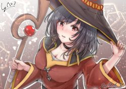 Rule 34 | 1girl, aga marino, alternate costume, bad id, bad twitter id, black hair, blush, breasts, cape, cleavage, commentary request, cosplay, gloves, hat, holding, kantai collection, kono subarashii sekai ni shukufuku wo!, large breasts, looking at viewer, megumin, megumin (cosplay), red eyes, short hair, solo, staff, witch hat, yamashiro (kancolle)