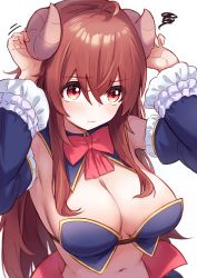Rule 34 | 1girl, absurdres, armpits, borushichi, bow, bowtie, breasts, commentary request, curled horns, demon girl, demon horns, detached sleeves, hair between eyes, highres, horns, large breasts, long hair, machikado mazoku, navel, red bow, red bowtie, red eyes, red hair, simple background, solo, upper body, white background, yoshida yuuko (machikado mazoku)