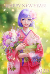 Rule 34 | 1girl, 2020, absurdres, blue eyes, blue hair, bouquet, floral print, flower, green background, hair flower, hair ornament, happy new year, highres, holding, holding bouquet, japanese clothes, kimono, muxia yue nai, nengajou, new year, original, parted lips, pink kimono, print kimono, short hair, simple background, solo, standing