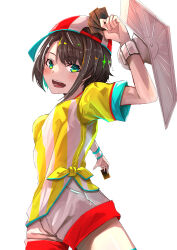 Rule 34 | 1girl, absurdres, baseball cap, blush, brown hair, card, duel disk, green eyes, hat, highres, holding, holding card, hololive, looking at viewer, nanakusa ayame, oozora subaru, oozora subaru (1st costume), open mouth, red hat, shirt, short hair, shorts, smile, solo, striped clothes, striped shirt, virtual youtuber, white background, white shorts, yellow shirt, yu-gi-oh!