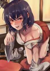 Rule 34 | 1girl, absurdres, alcohol, all fours, black hair, blush, bottle, breasts, caiman pool, cleavage, detached sleeves, drunk, floral print, hair ornament, headgear, highres, japanese clothes, kantai collection, looking at viewer, medium breasts, nontraditional miko, open mouth, red eyes, sake, sake bottle, short hair, smile, solo, wide sleeves, yamashiro (kancolle)