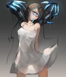 Rule 34 | anderhorlo, black hair, blue eyes, blue hair, blue tongue, colored tongue, cyclops, dress, extra arms, gradient background, grey background, highres, looking at viewer, monster girl, multicolored hair, one-eyed, original, short hair, simple background, skirt hold, solo, streaked hair, tongue, tongue out, white dress