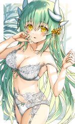 Rule 34 | 1girl, blush, bra, breasts, cleavage, collarbone, dragon girl, dragon horns, fate/grand order, fate (series), garter belt, garter straps, green hair, hands up, highres, horns, kiyohime (fate), large breasts, long hair, looking at viewer, morizono shiki, navel, panties, parted lips, smile, solo, underwear, white bra, white panties, yellow eyes