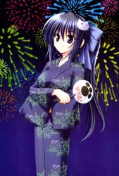 Rule 34 | 1girl, absurdres, blue background, blue hair, blush, bow, breasts, cat hair ornament, hand fan, fireworks, floral print, hair between eyes, hair bow, hair ornament, highres, japanese clothes, kimono, long hair, looking at viewer, matra milan, noihara himari, official art, omamori himari, paper fan, ponytail, purple eyes, simple background, smile, solo, standing, uchiwa, very long hair, whiskers