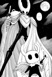 Rule 34 | ..., 2others, cape, floating cape, full moon, greyscale, highres, holding, holding sword, holding weapon, hollow eyes, hollow knight, hollow knight (character), horns, knight (hollow knight), making-of available, monochrome, moon, multiple others, night, night sky, outdoors, second-party source, sky, spoken ellipsis, star (sky), starry sky, sword, torn cape, torn clothes, weapon, y naf