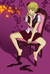 Rule 34 | 00s, 1girl, aikabocha, bad id, bad pixiv id, barefoot, beatrice (umineko), blonde hair, blue eyes, bug, butterfly, chair, feet, insect, kiseru, necktie, pink necktie, sitting, skirt, smoking pipe, solo, spread legs, striped clothes, striped thighhighs, thighhighs, umineko no naku koro ni