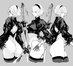 Rule 34 | 1girl, 2b (nier:automata), ass, back cutout, blindfold, breasts, closed mouth, clothing cutout, commentary, feather trim, from behind, from side, gloves, grey background, greyscale, hairband, highleg, highleg leotard, highres, holding, holding weapon, leotard, lips, long sleeves, looking at viewer, medium breasts, mole, mole under mouth, monochrome, multiple views, nier:automata, nier (series), nishiii26miii, puffy sleeves, short hair, sword, thighhighs, thighs, turtleneck, weapon