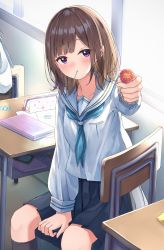 Rule 34 | 1girl, 1other, black skirt, black socks, blue neckerchief, blush, brown hair, candy, chair, closed mouth, collarbone, commentary request, day, desk, enuni, feet out of frame, food, food in mouth, highres, holding, holding candy, holding food, holding lollipop, indoors, kneehighs, lollipop, long sleeves, mouth hold, neckerchief, original, pencil case, pleated skirt, purple eyes, resolution mismatch, sailor collar, school chair, school desk, shirt, skirt, socks, solo focus, source larger, sunlight, white sailor collar, white shirt, window