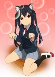 Rule 34 | 1girl, animal ears, bad id, bad pixiv id, brown eyes, cat ears, k-on!, moto2992, nakano azusa, purple hair, ribbon, sitting, skirt, smile, solo, third-party edit, twintails