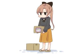 Rule 34 | 1girl, akigumo (kancolle), black sweater, box, brown hair, cardboard box, commentary request, full body, hair ribbon, inishie, kantai collection, long hair, orange skirt, ponytail, ribbon, sandals, simple background, skirt, solid oval eyes, solo, standing, sweater, white background