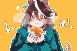 Rule 34 | + +, 1girl, animal ears, blush, brown hair, burger, closed mouth, eating, food, food on face, green jacket, hair between eyes, highres, horse ears, horse girl, horse tail, jacket, long hair, long sleeves, looking at viewer, mochiyu (mochiko), multicolored hair, outline, red eyes, simple background, solo, sound effects, sparkle, steam, streaked hair, symboli rudolf (umamusume), tail, tsukimi burger, twitter username, umamusume, upper body, v-shaped eyebrows, white outline, yellow background