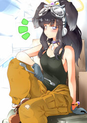 Rule 34 | 1girl, animal ears, bare shoulders, black hair, blue archive, blush, box, breasts, cardboard box, cleavage, dog ears, dog girl, dog tail, gloves, goggles, goggles on head, hariyaa, hibiki (blue archive), highres, holding, holding wrench, long hair, looking at viewer, mechanic, medium breasts, pants, ponytail, sitting, solo, sweat, tail, tank top, torn clothes, torn pants, wrench