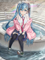Rule 34 | 1girl, animal, artist name, bird, black thighhighs, blue eyes, blue hair, blue skirt, blush, bow, bra, bra visible through clothes, collared shirt, commentary request, dress shirt, dutch angle, earrings, fountain, frown, green footwear, hair between eyes, hair bow, hair ornament, hair ribbon, hairpin, hatsune miku, heart, heart earrings, highres, hmax, jacket, jewelry, long hair, long sleeves, looking at viewer, necktie, nose blush, pigeon, pink jacket, plaid, plaid skirt, rainbow, red necktie, ribbon, school uniform, see-through, shirt, shoes, sitting, skirt, skirt hold, solo, star (symbol), star hair ornament, thighhighs, twintails, underwear, very long hair, vocaloid, wet, wet clothes, wet hair, wet shirt, wet skirt, white shirt