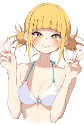 Rule 34 | 1girl, bare shoulders, bikini, blonde hair, blunt bangs, blush, boku no hero academia, breasts, cleavage, collarbone, commentary, cropped torso, double bun, double v, fang, grin, hair bun, halterneck, hands up, highres, looking at viewer, medium breasts, messy hair, rasusurasu, revision, short hair with long locks, sidelocks, simple background, smile, solo, straight hair, swimsuit, teeth, toga himiko, tsurime, upper body, v, v-shaped eyebrows, white background, white bikini, yellow eyes