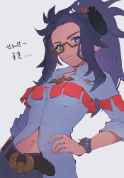 Rule 34 | 1girl, absurdres, belt, belt buckle, bracelet, breasts, buckle, closed mouth, collared shirt, commentary request, creatures (company), game freak, glasses, hair ornament, hand on own hip, highres, jewelry, looking at viewer, looking down, medium breasts, navel, nintendo, noname (rftd8828), pants, pokemon, pokemon sv, ponytail, purple eyes, raifort (pokemon), semi-rimless eyewear, shirt, sidelocks, smile, solo, translation request